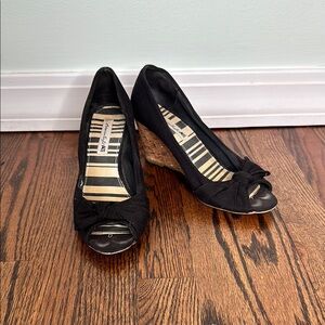 American Eagle Black with wood color Wedge Peep-Toe Shoes with bow design on toe